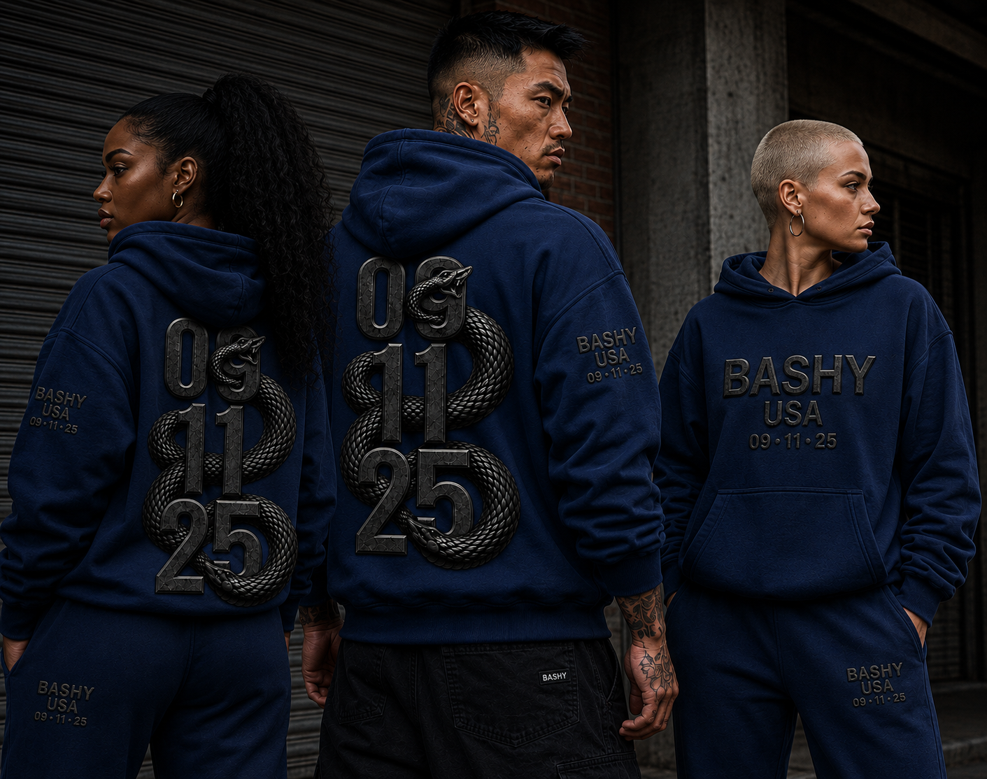 Bashy USA Serpent Hoodie campaign showing front and back designs