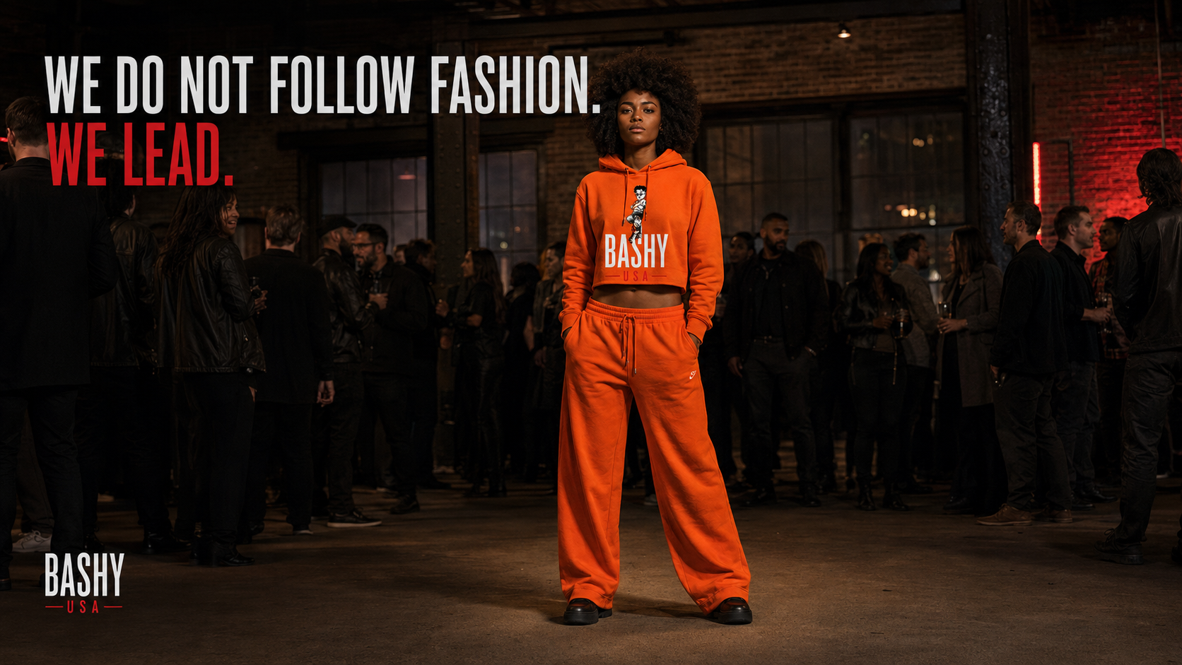 Bashy USA fashion show campaign featuring an orange tracksuit